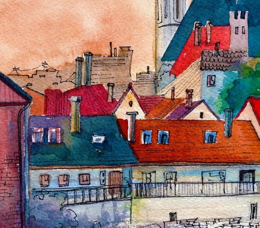 Picturesque czech small town watercolor illustration